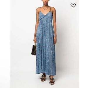 Forte Forte pleated empire-line dress Blue Maxi metallic Italy NWT $960 0